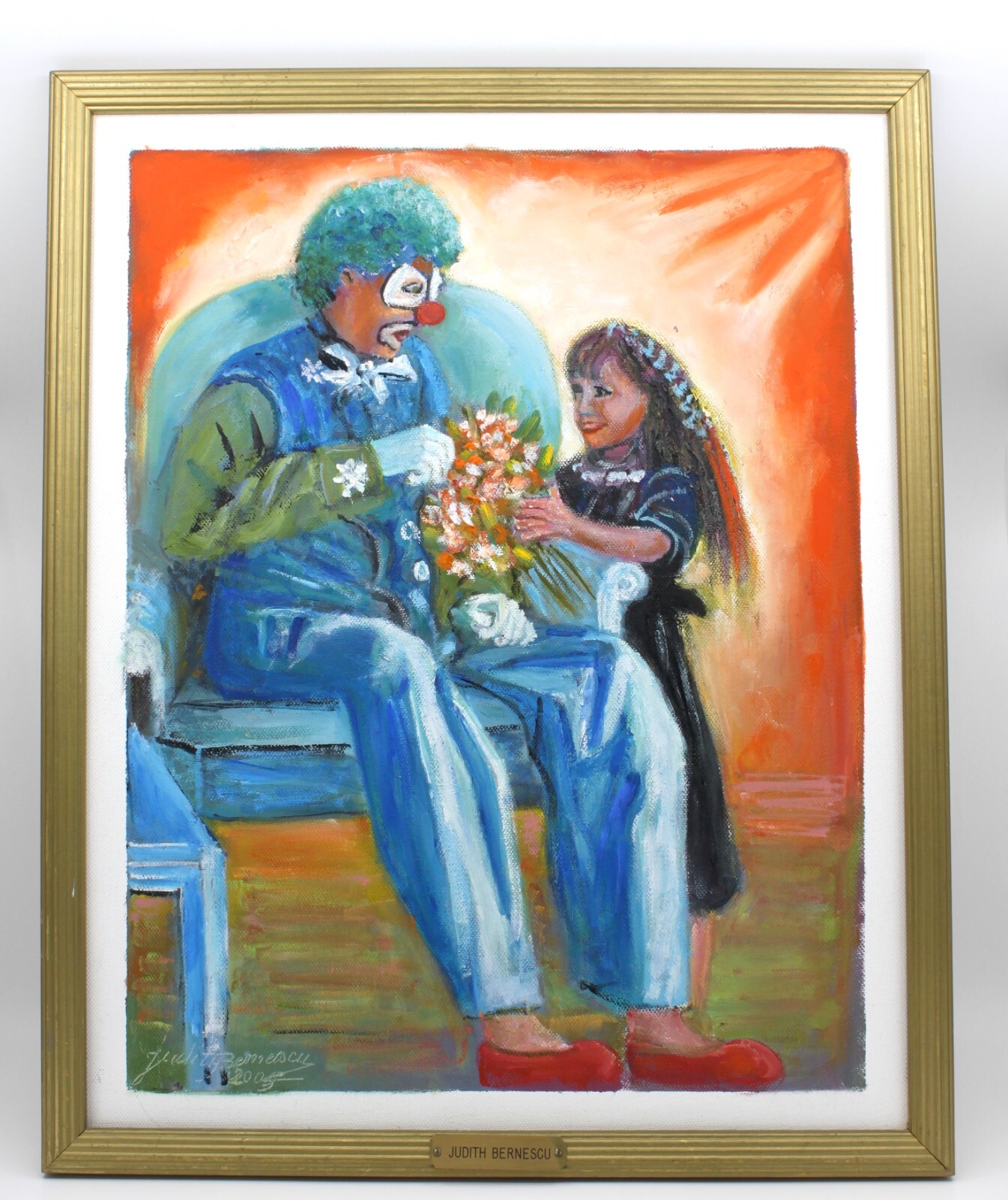 Oil Painting Clown & Child with Flowers by Judith Bernescu 21 x 17″in