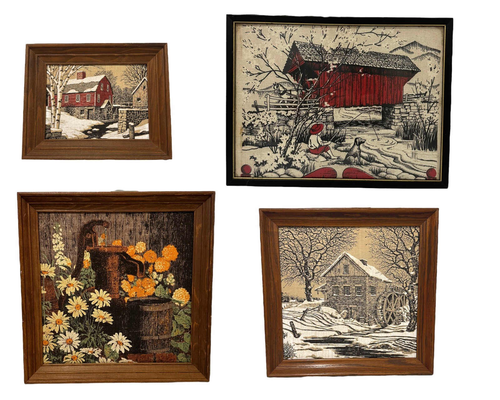 4 Vintage Kay Dee Hand Prints Linen Red Farm House Snow Covered Bridge Well
