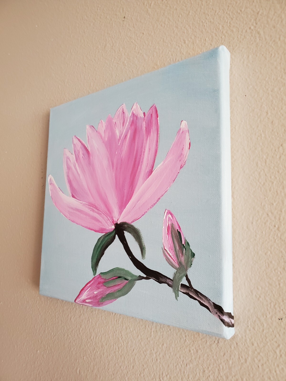 Handmade Acrylic Painting Wooden Frame 10×10 Art Decor Flowers Magnolia Pink