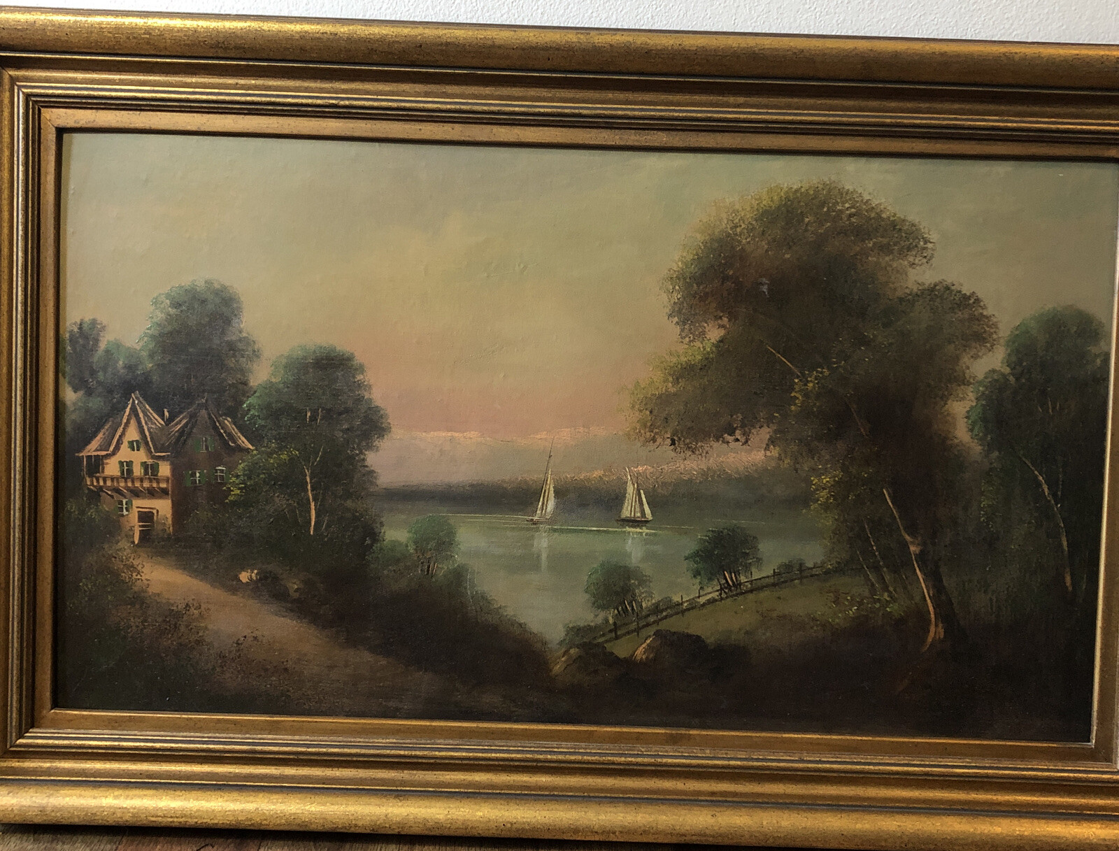 Mid Century Oil On Masonite Country Lake Painting 24“ X 40“￼