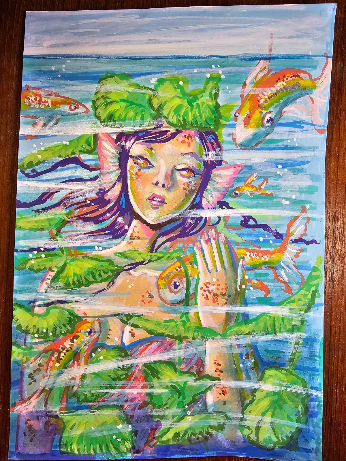 Original OOAK Goldfish Mermaid 9×12 Acrylic/Ink Painting by Jo Luizen