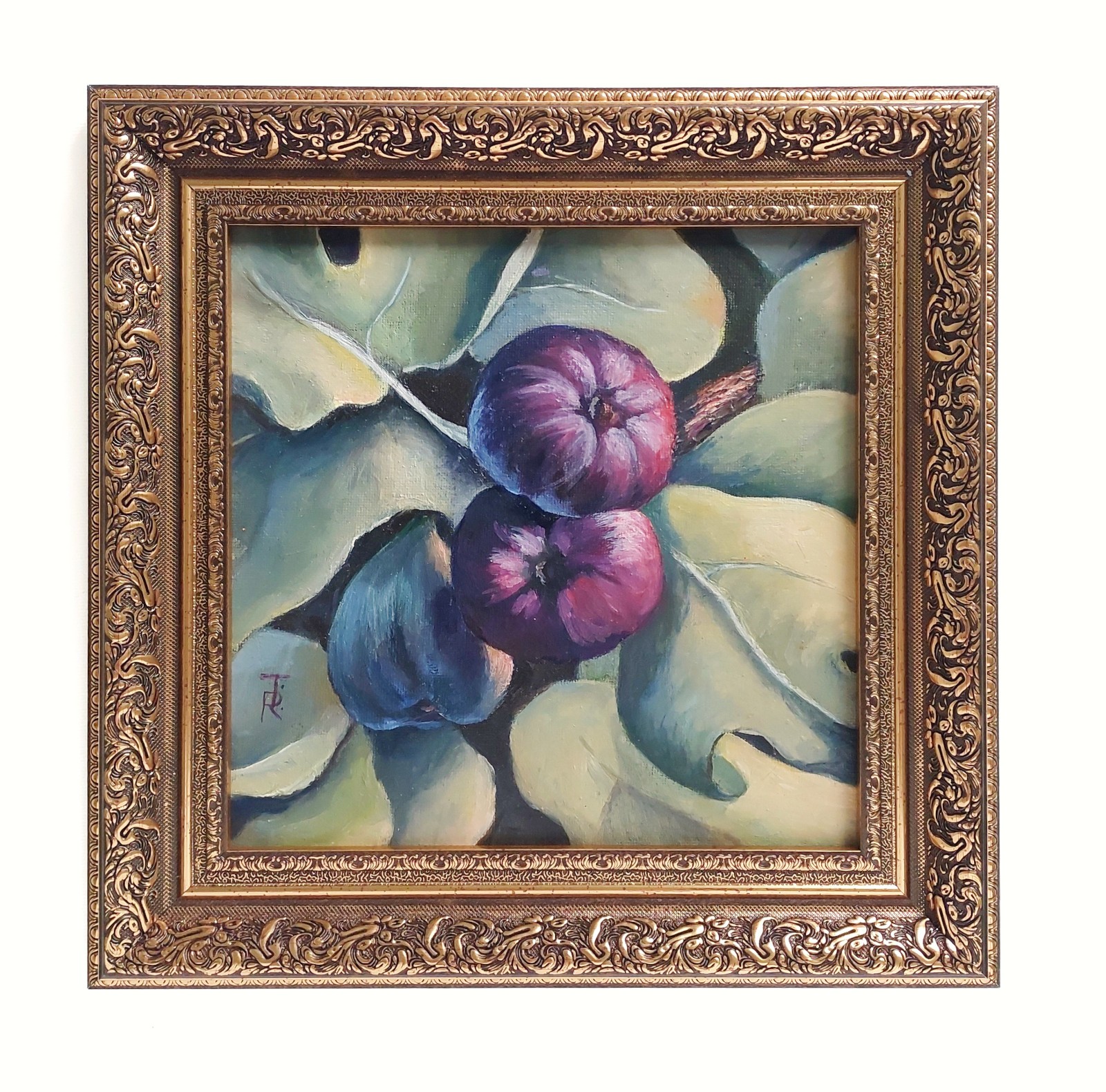 Original Oil Painting 8×8 Fig Tree Fruit Still Life Framed Realistic Wall Art