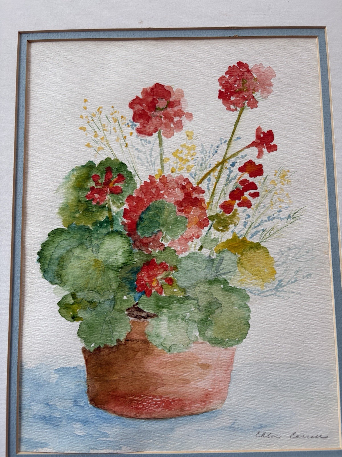 BEAUTIFUL ORIGINAL FRAMED GERANIUM WATERCOLOR PAINTING BY CHLOE CORRELL SIGNED