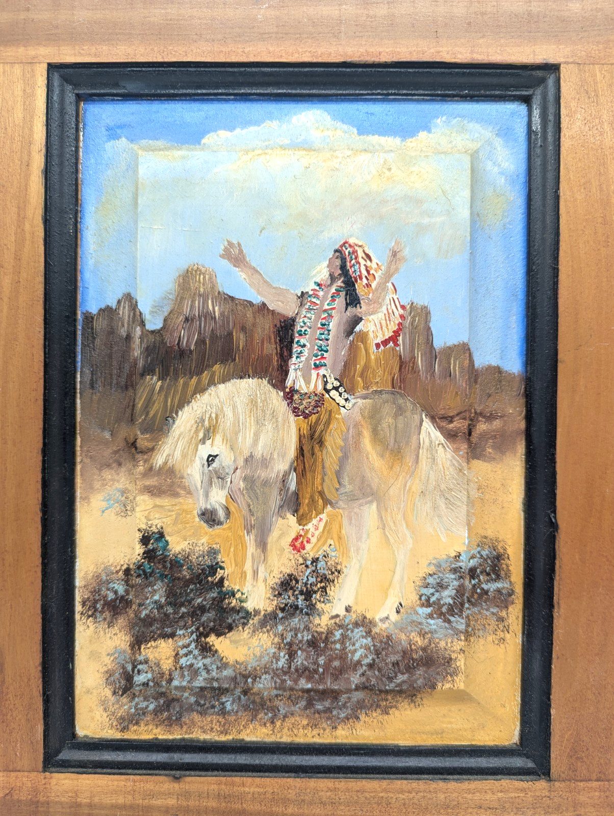 Original Hand-Painted Native Chief Oil on Vintage Cabinet Door Rustic Southwest