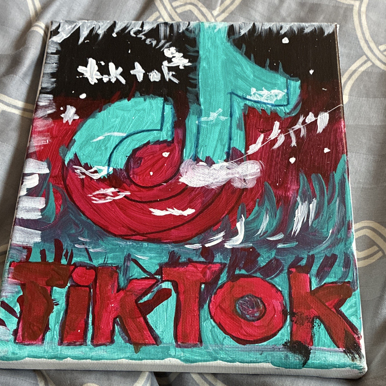 Hand-Painted TikTok Logo Graffiti Art Painting on Canvas, Unframed