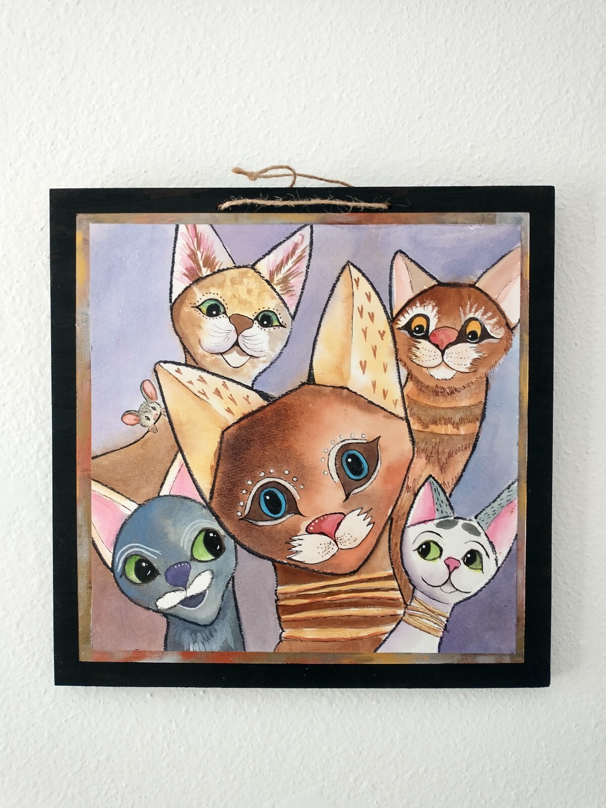 «Brownie Crowd» 12″x12″, original watercolor painting on wood board, wax treated