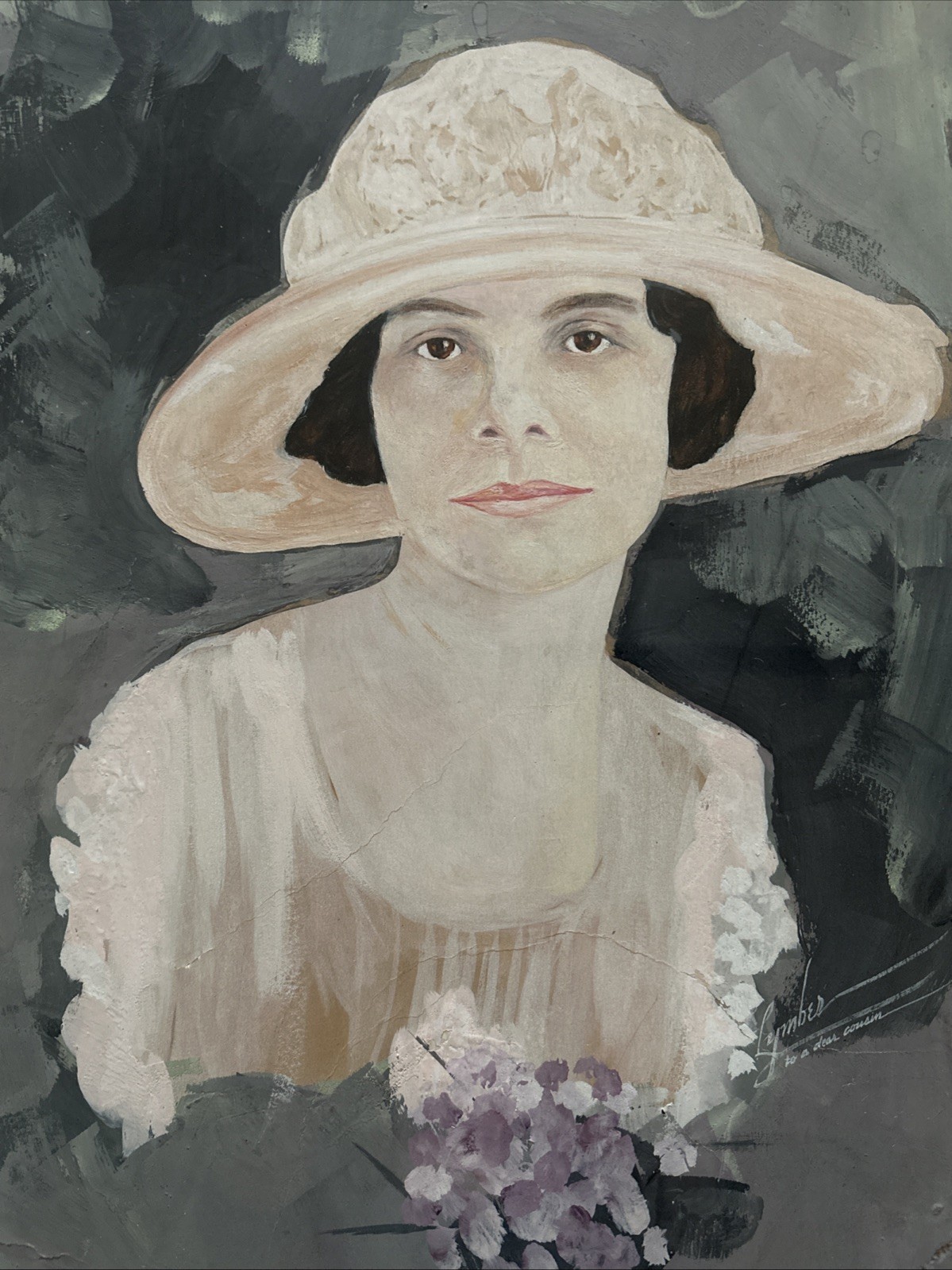 Antique 1929s Orig Gouache Portrait Woman In Hat Signed Lymbert Framed 26”x21”