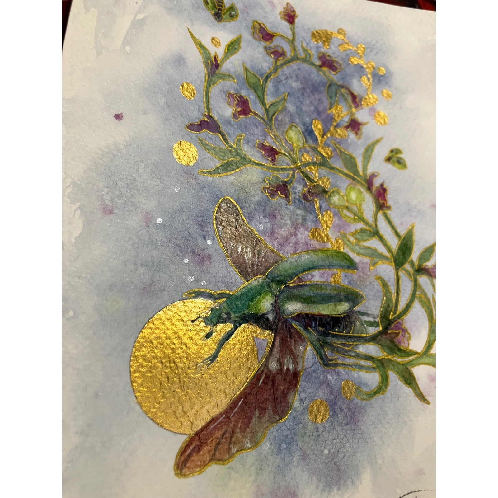 Original Scarab painting Beetle Watercolor Gold accent Painting Floral Artwork