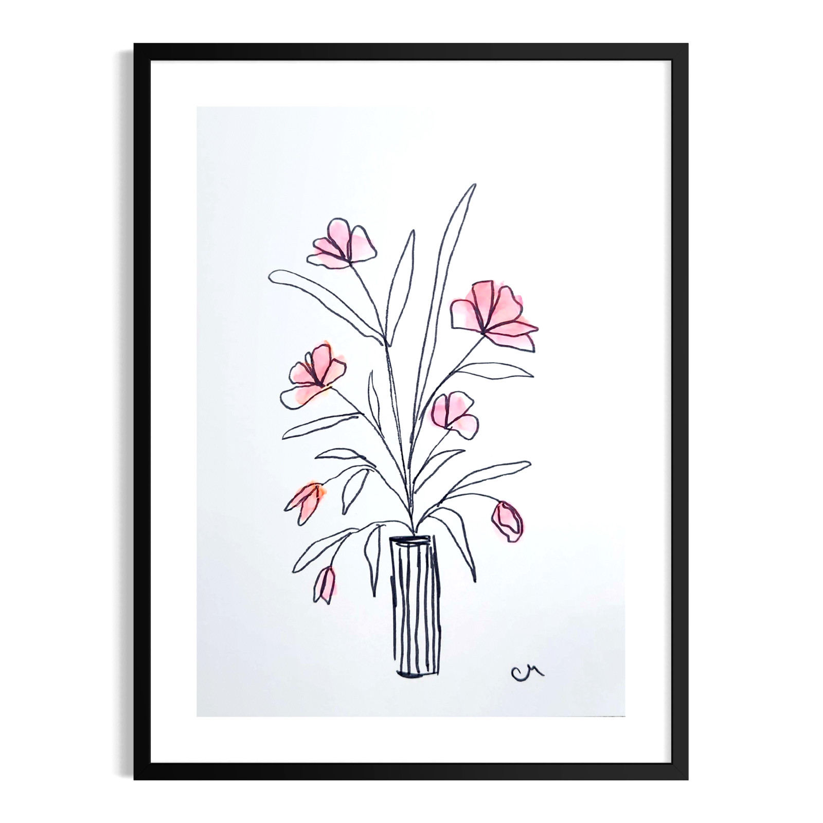 Fine Art Abstract Acrylic 5×7 Floral Paper Pink Black White Modern Wall Art
