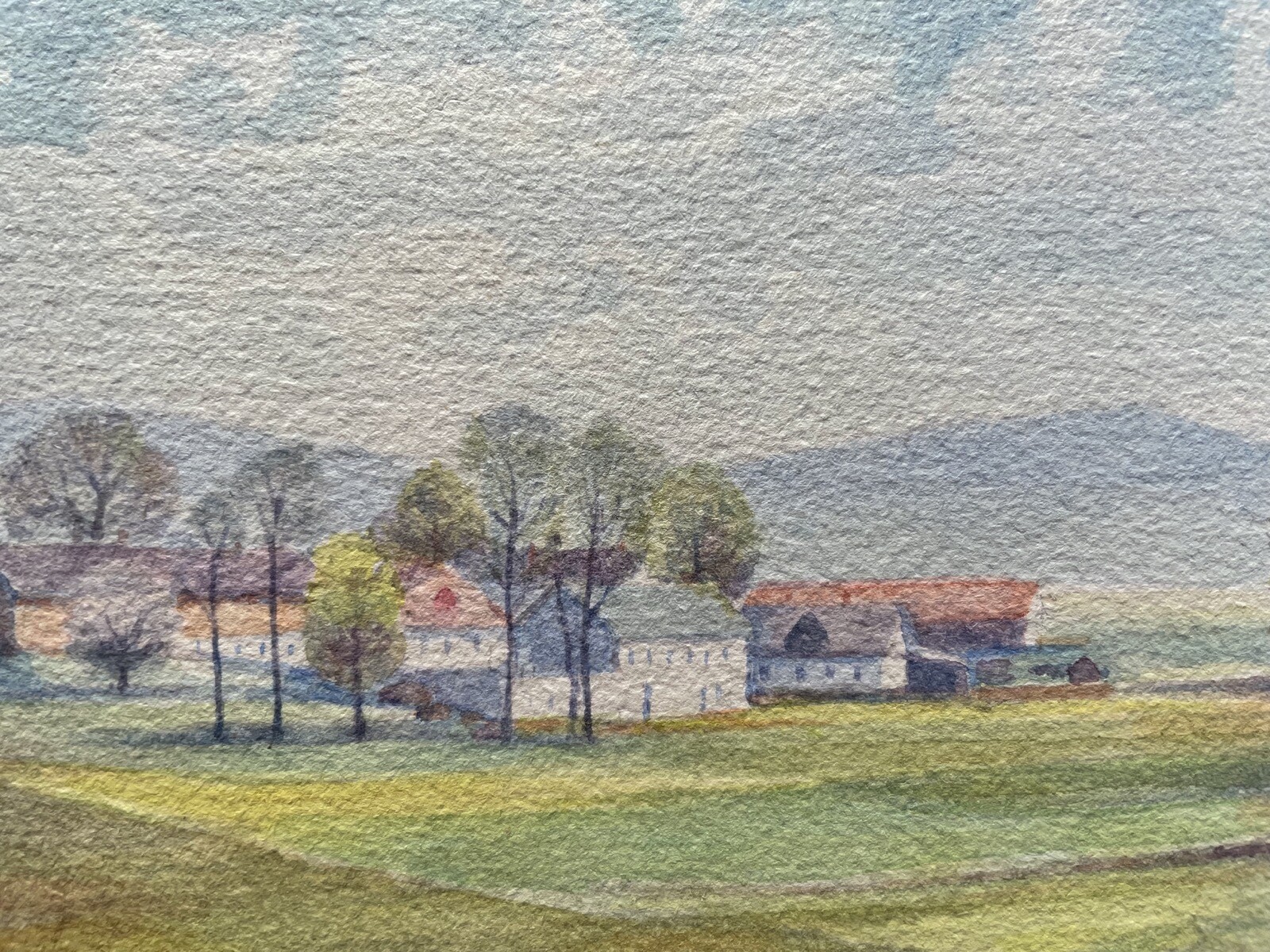 DEUTSCHER MALER SOMMERLANDSCHAFT MIT KLEINEM DORF AQUARELL KRAUSE 1982