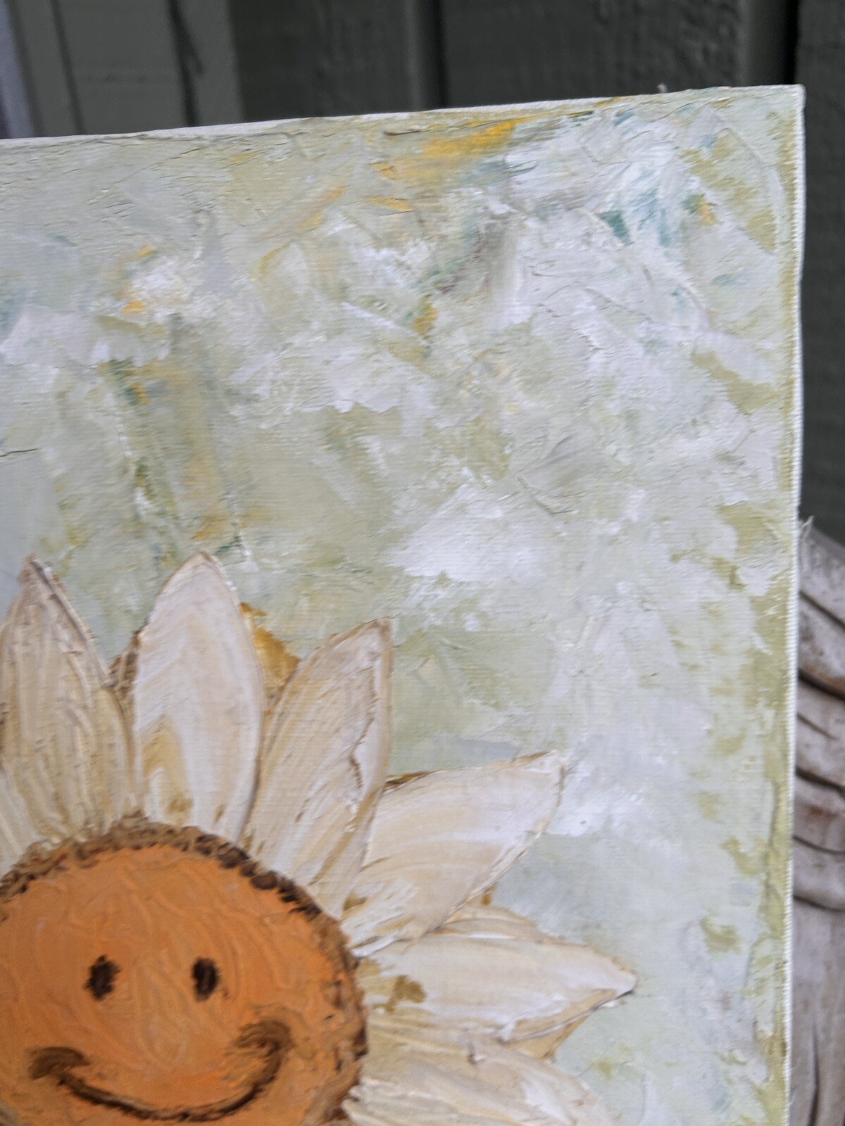 Original Canvas Smiling Daisy Painting Signed Kid Art Child or Sun Room Unframed