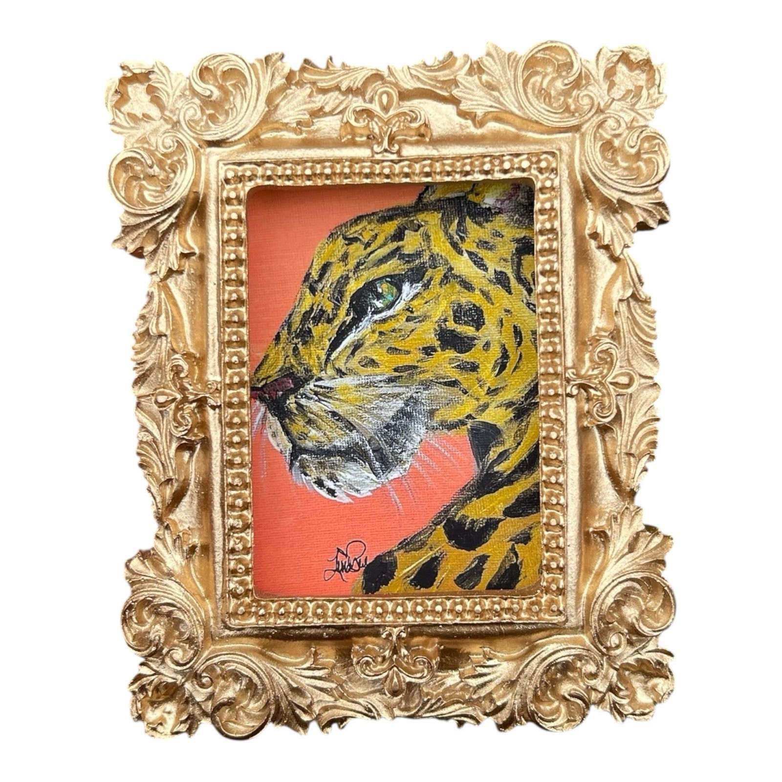 Leopard “Big Cat” watercolor print in mini gold vintage style ornate frame