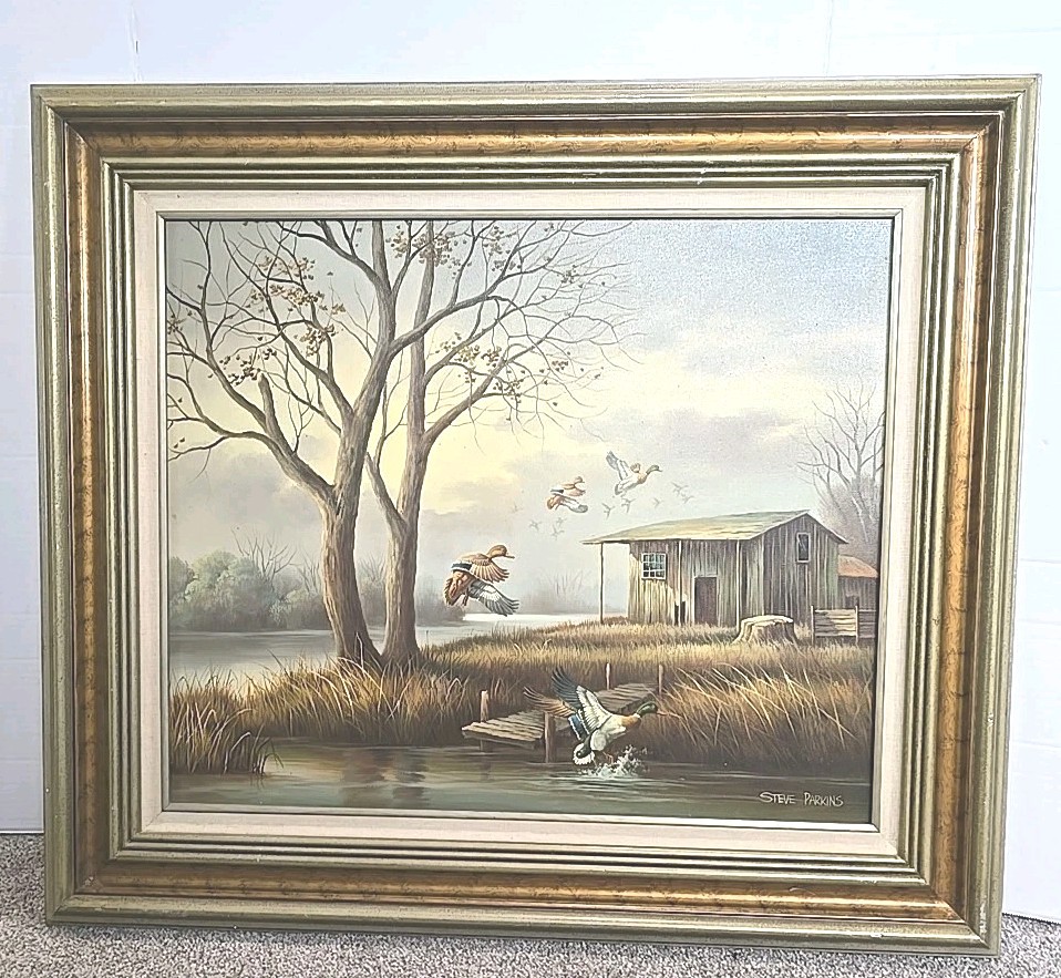Original Mallard Duck Framed Oil Painting Landscape Hunting Waterfowl Signed