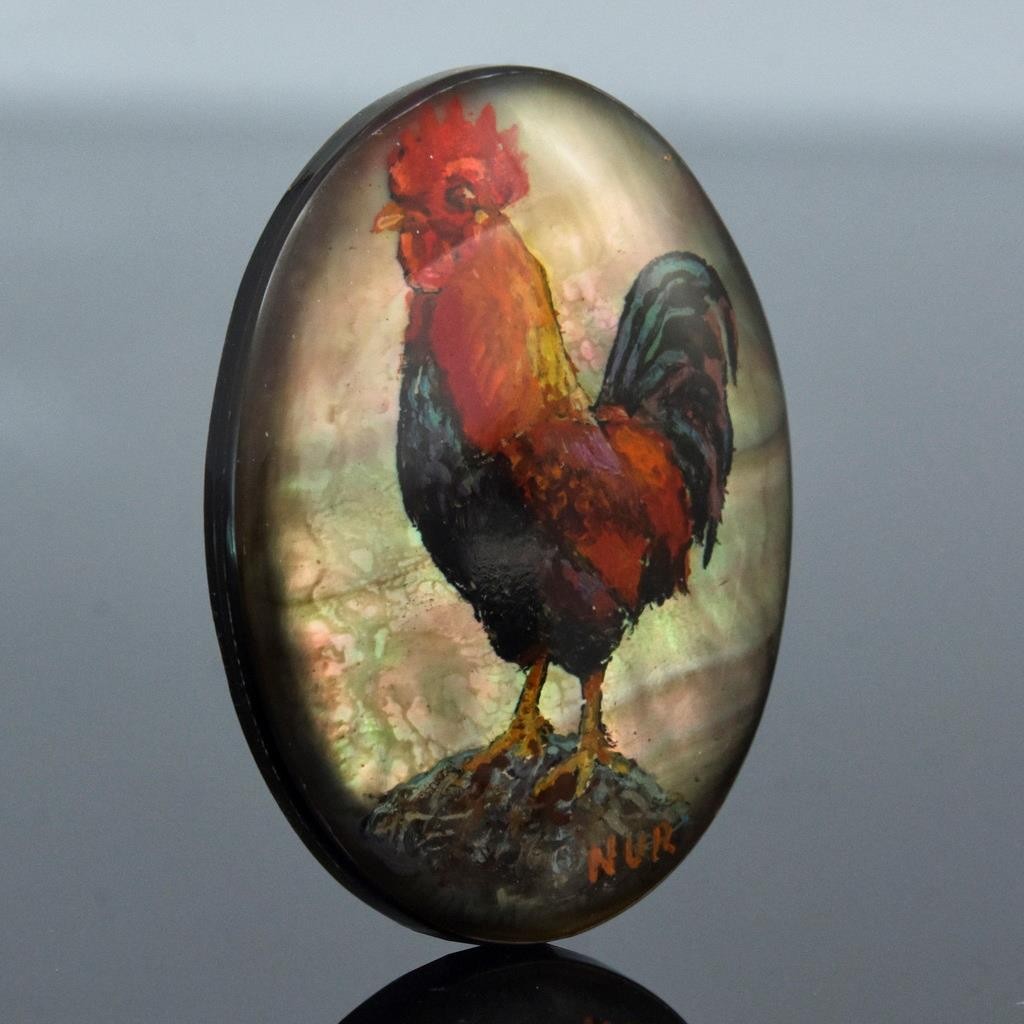 Rooster Original Artisan Painted Mother-of-Pearl Shell Oval Cabochon 35x26mm