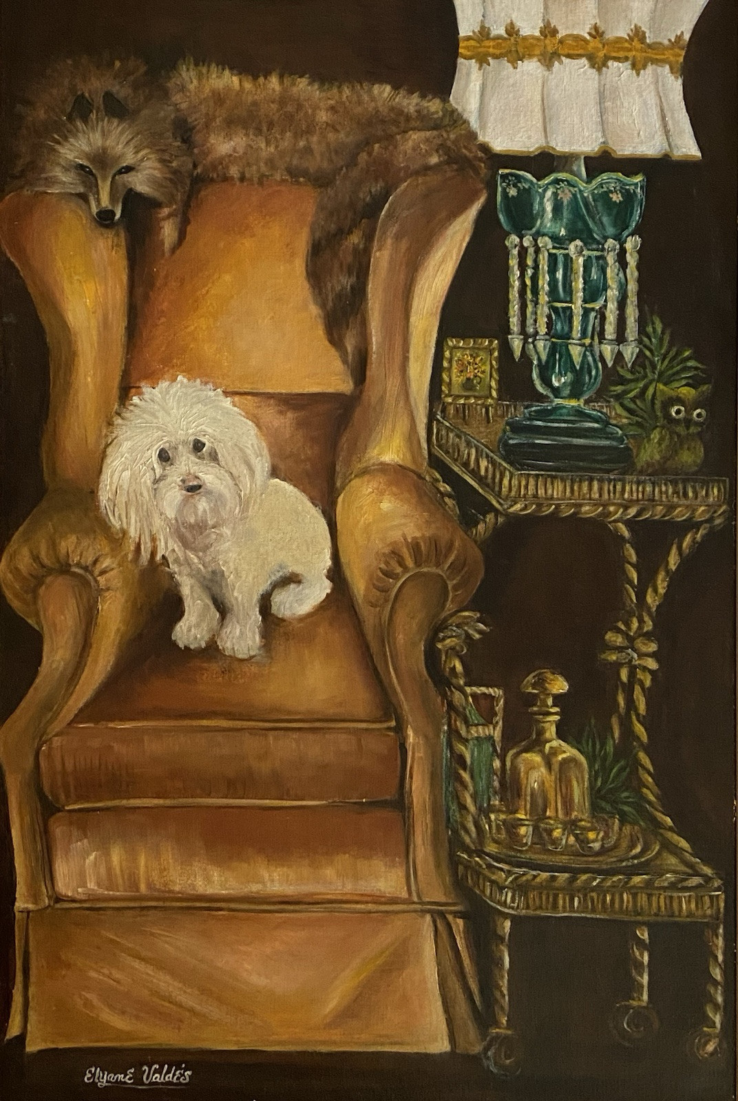 Mid Century MOD Fox Maltese Dog Owl Portrait Still Life Portrait Folk Painting