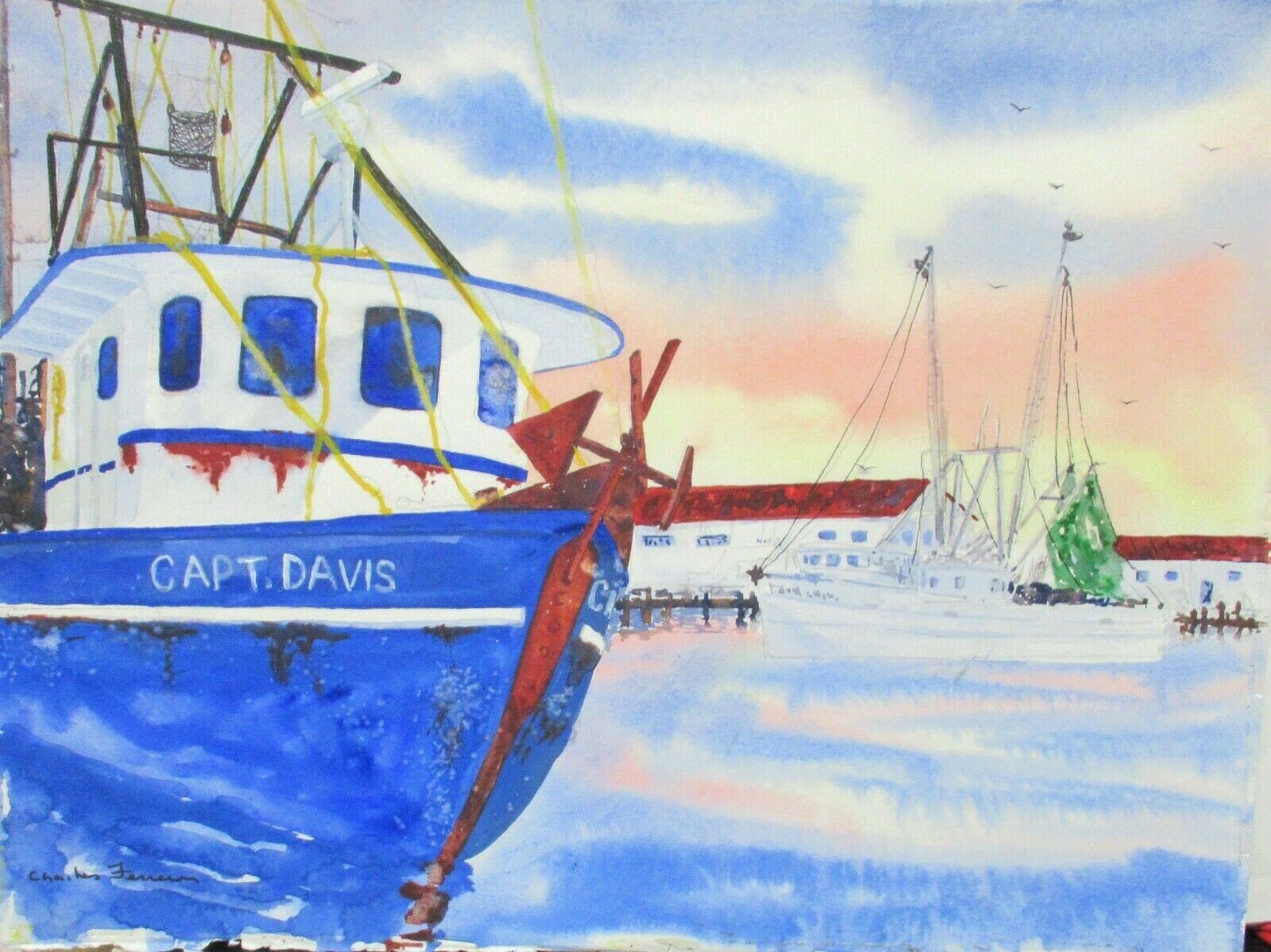 CHARLES G.FERREIRA CAPT DAVIS SEAPORT MAINE ORIGINAL WATERCOLOR PAINTING