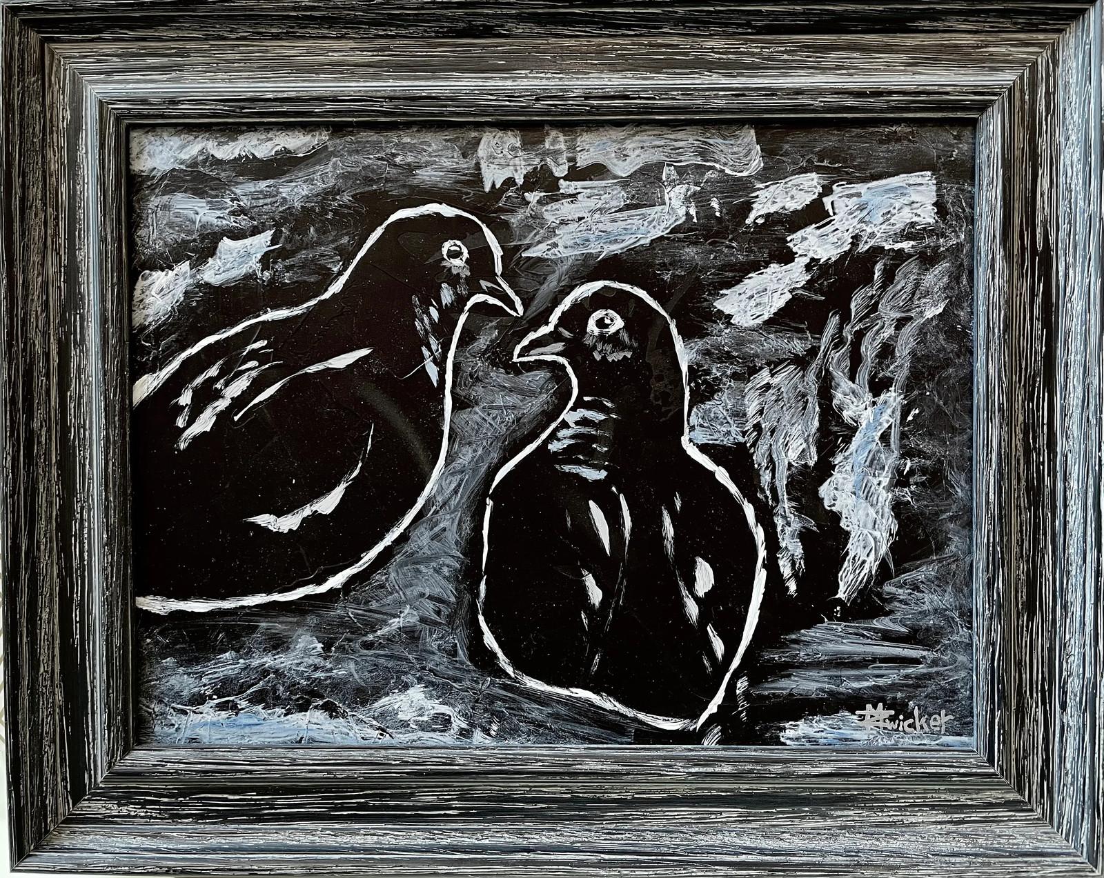 Original Acrylic Bird Painting Framed 12×15 Board «The Pair» Black White Doves