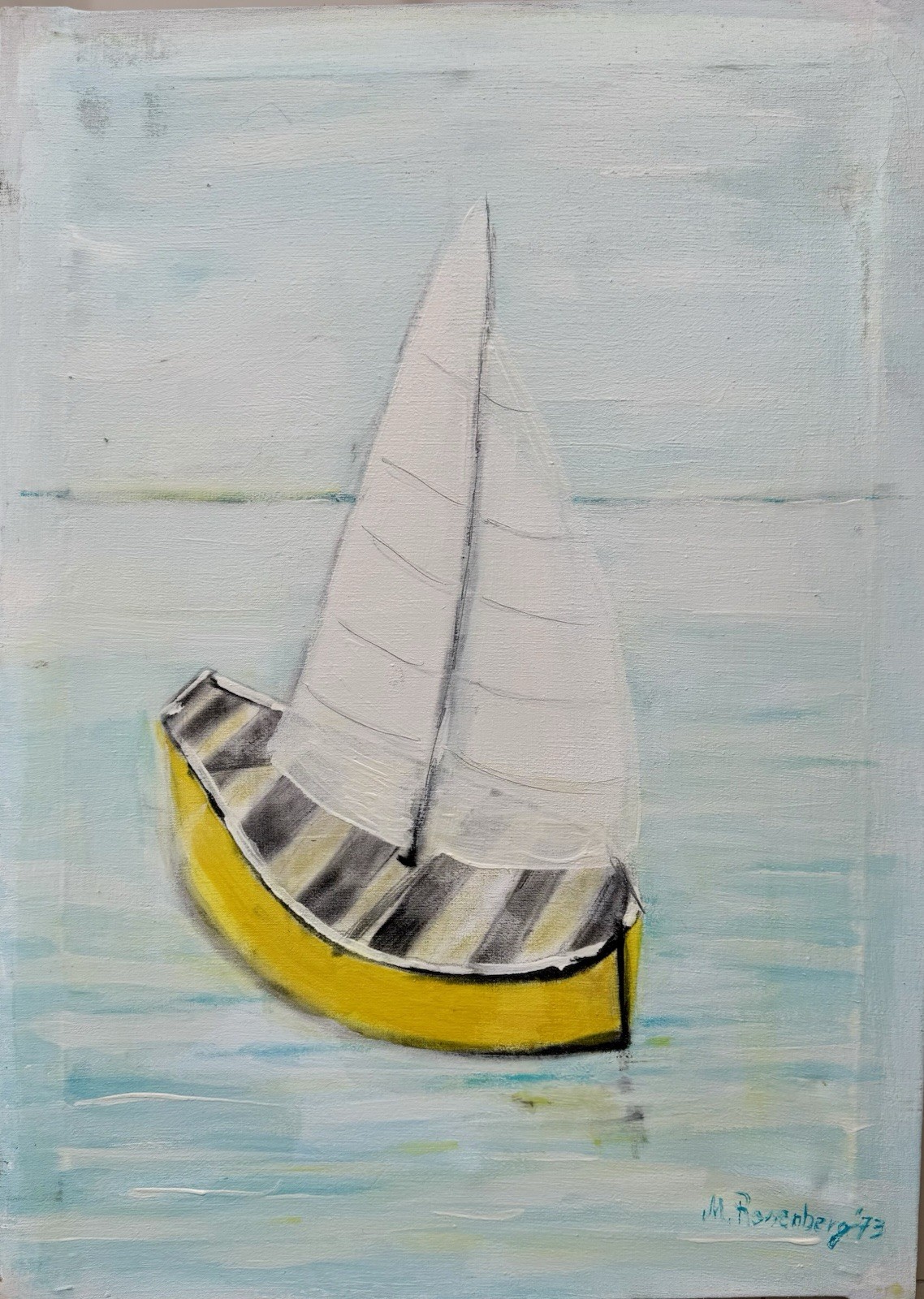 Original Old Maritime Landscape Painting, Decorative/Naive, Oil Painting Signed 1973