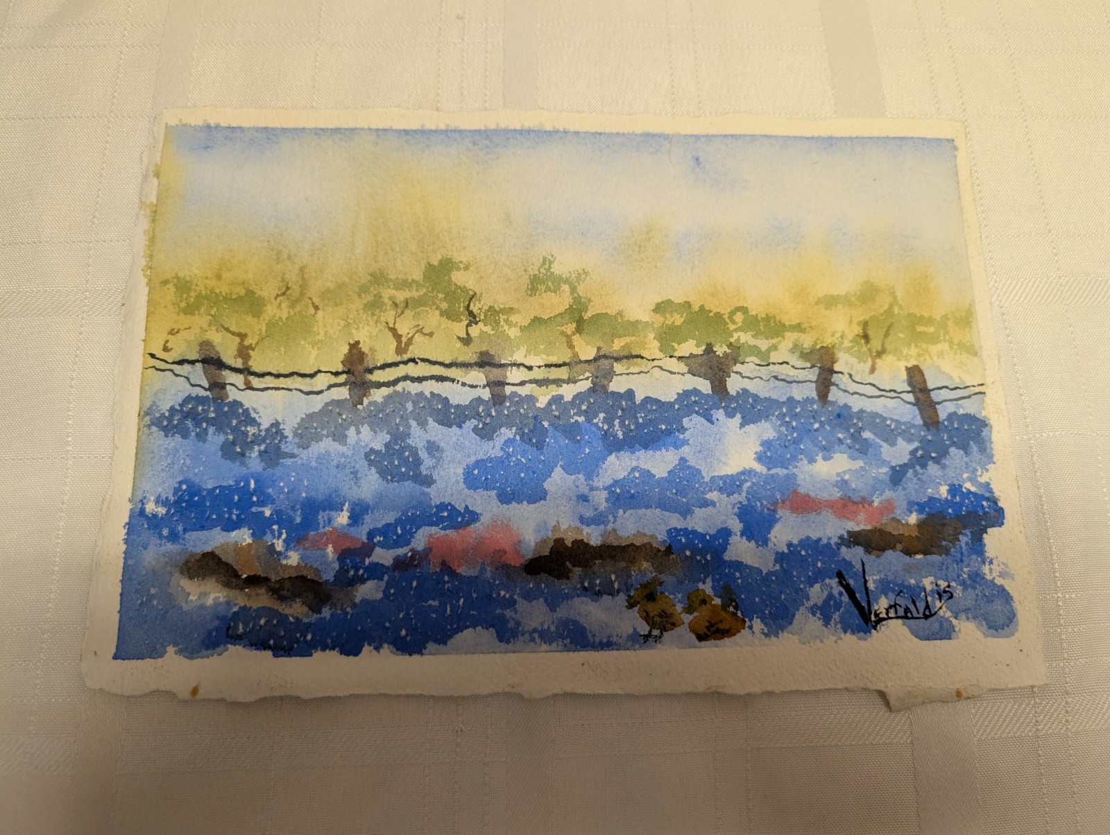 Orig. Dreamy Texas Bluebonnets Watercolor Bluebonnets Along a Fence Line Signed