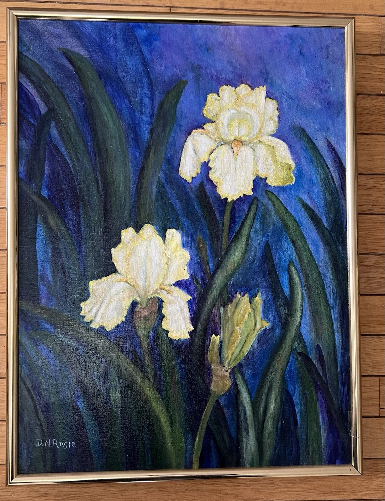 Original Framed Oil Art Floral Yellow Iris on a blue Background Signed 24”x18”
