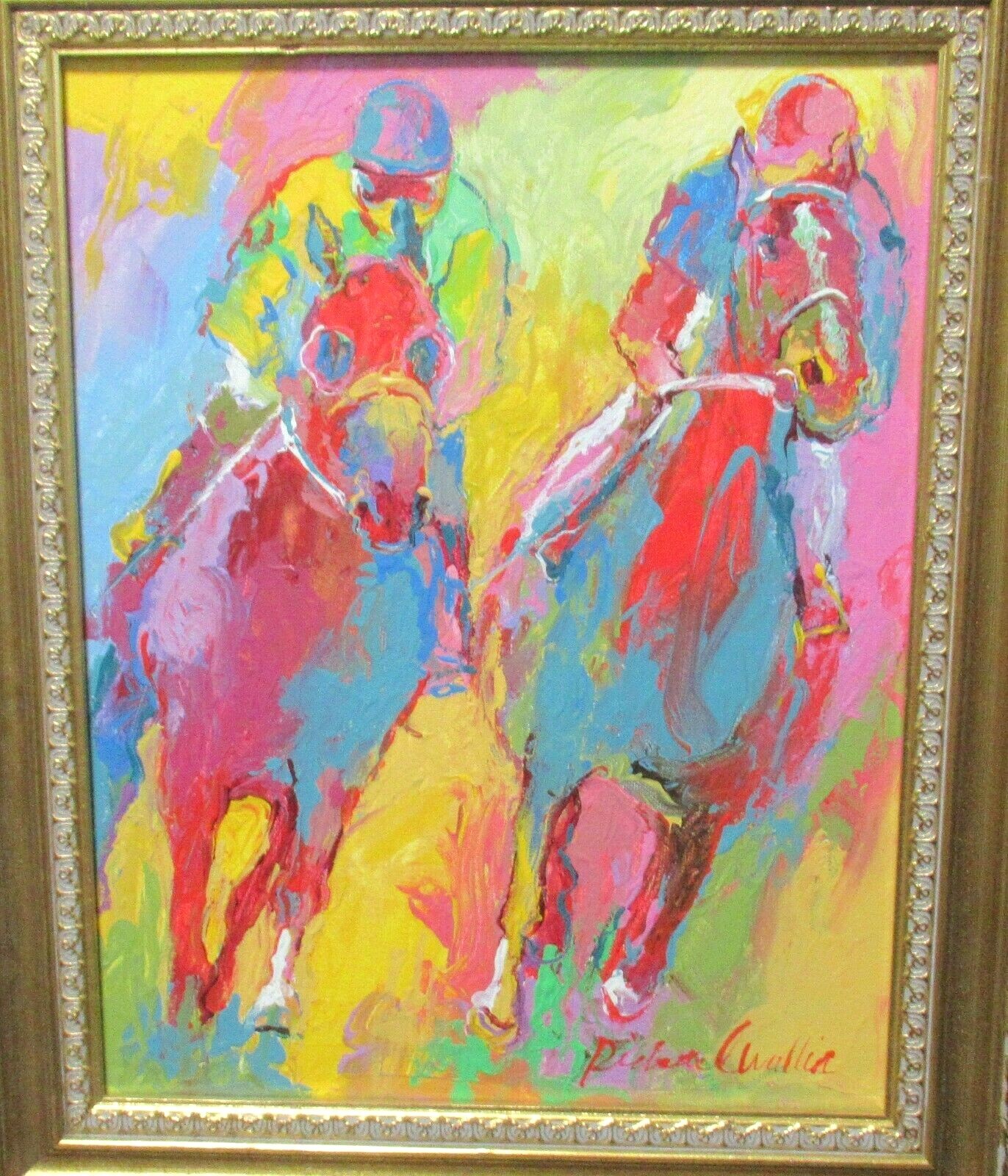 RICHARD WALLICH ORIGINAL ACRYLIC ON CANVAS HORSE RACING PAINTING FRAMED