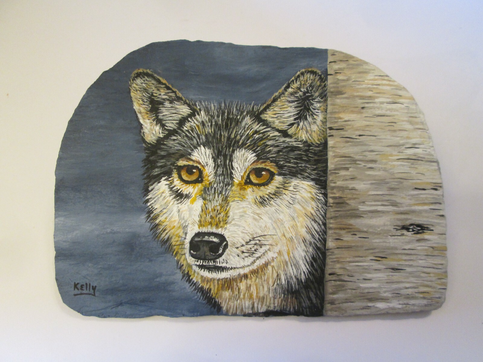 Wolf and Birch Tree hand painted slate by Ann Kelly