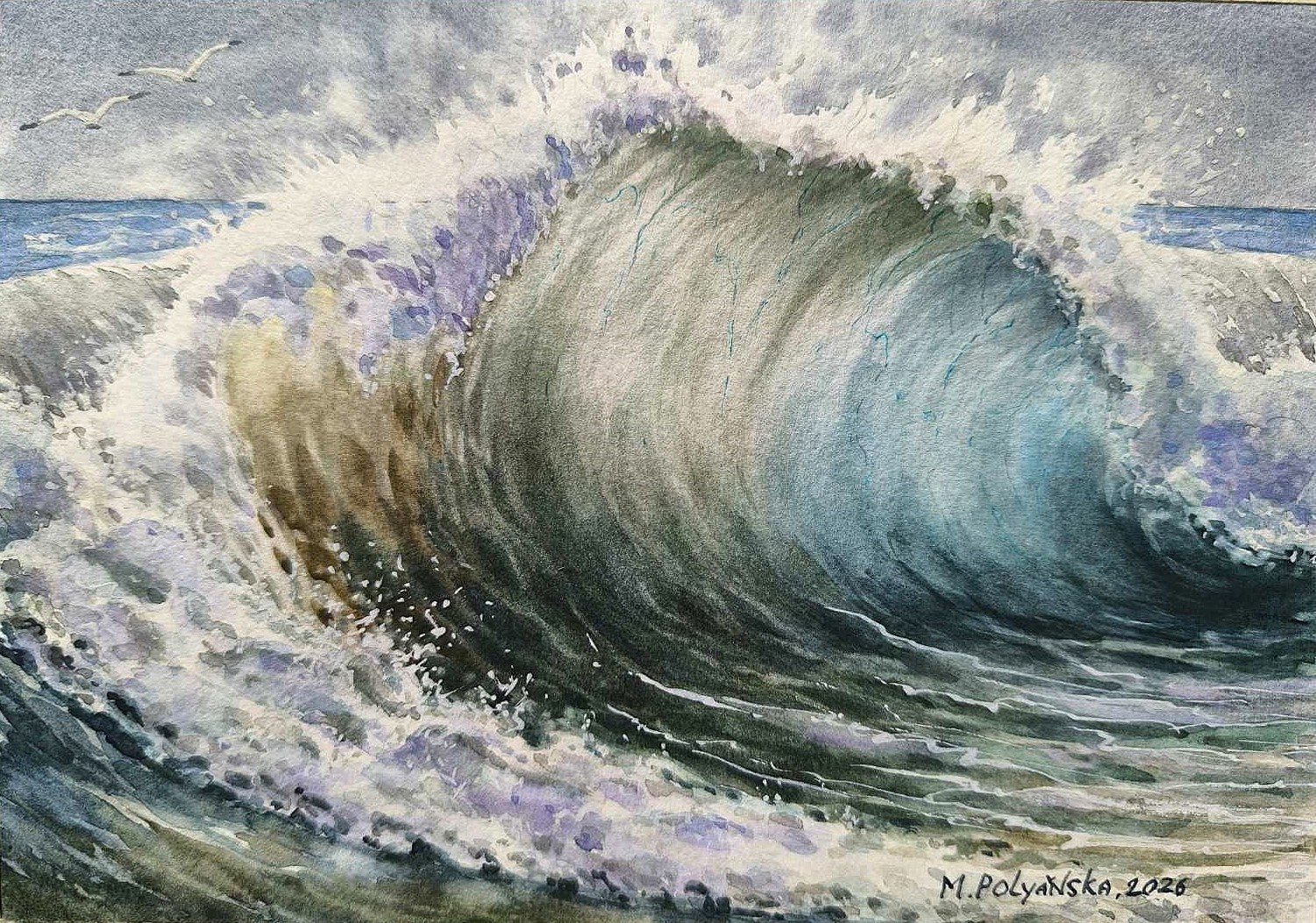 CLOUDY SKY BEARD SEAGULL WAVES Original Arts Painting Landscape Seascape Gift A5
