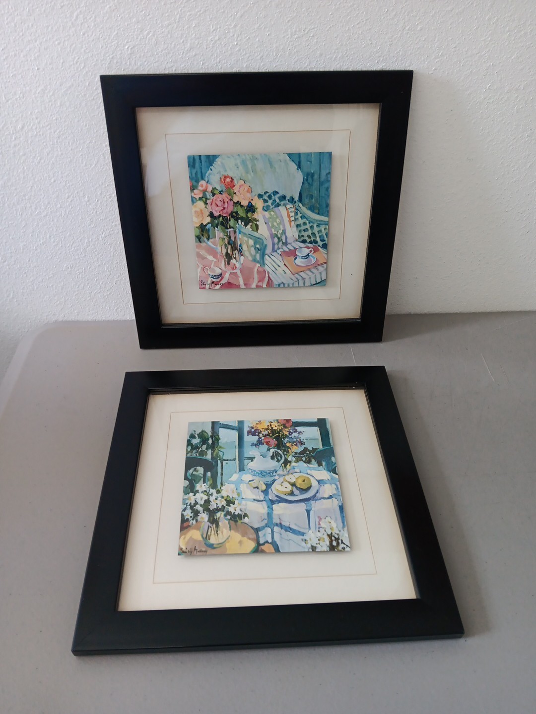 Set of 2 Watercolor Painting Floral Tea Home Style Signed Floating Art Pastel