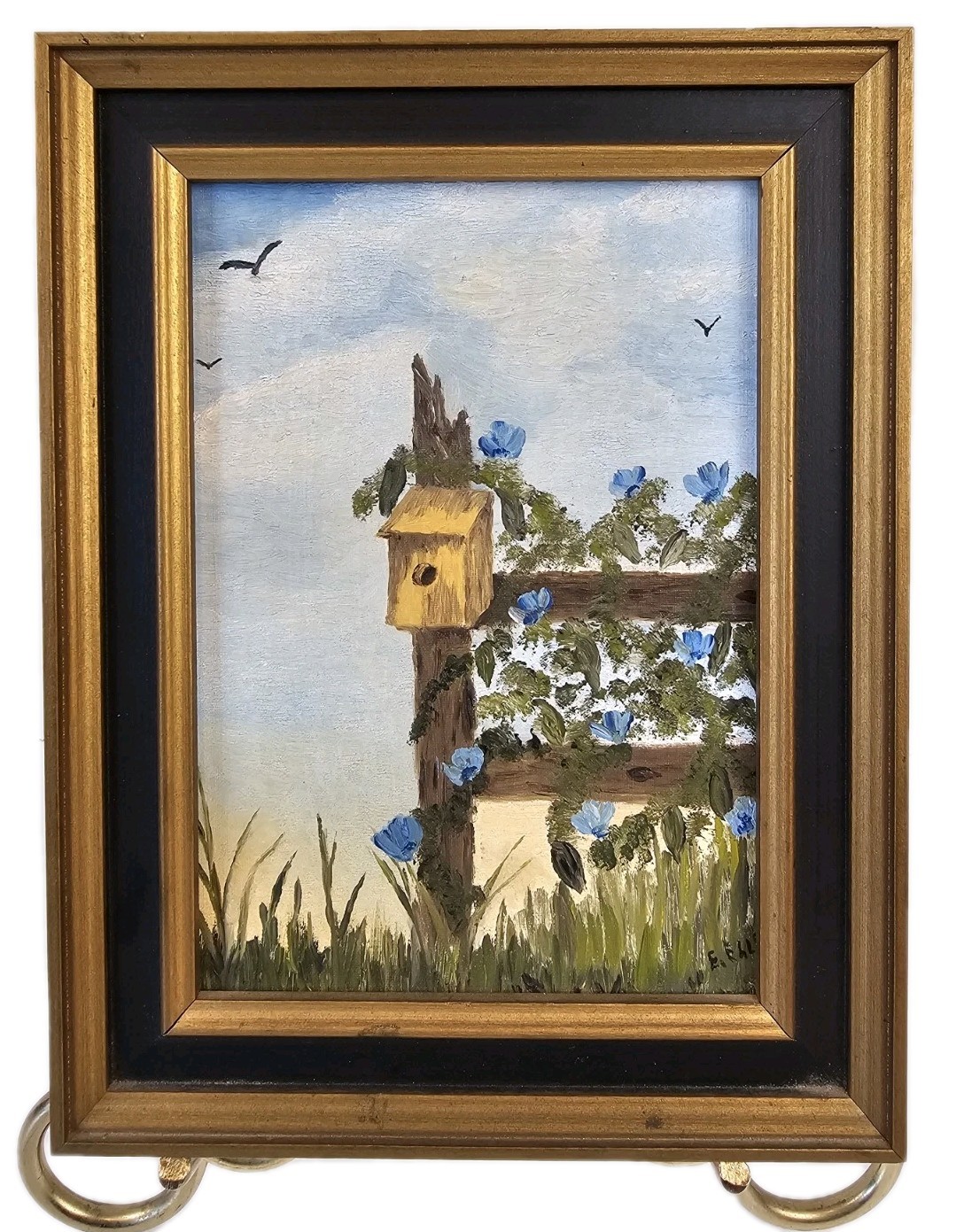 Vtg Original Oil Acrylic Painting Homestead Scene Birdhouse Blue Flowers Vines