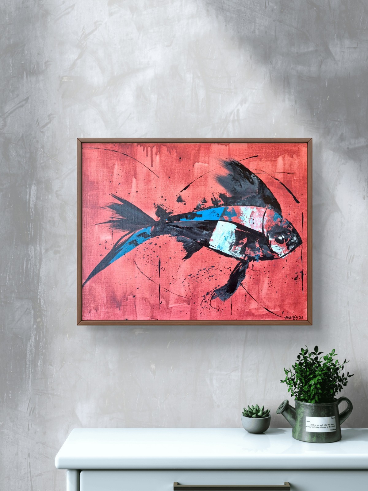 Original Contemporary Fish 16×20 Signed Canvas Painting Bold Multi Color Art C14