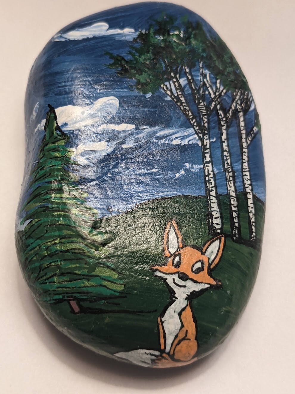 HAND PAINTED RIVER STONE ART «Nature Scene Fox» by Yellow Paw Collectible Rocks