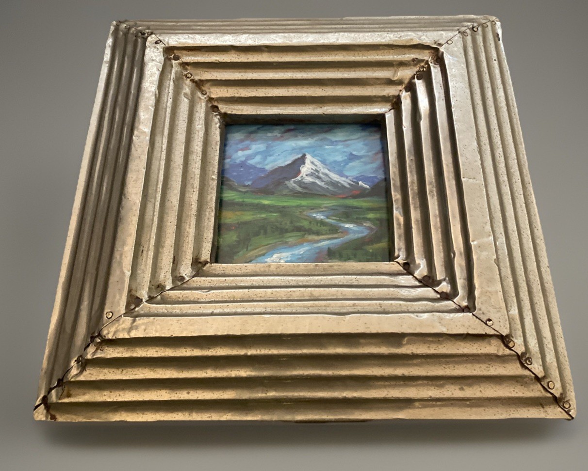 Vntg Small Landscape Painting Original Mountain River Handmade Metal Frame