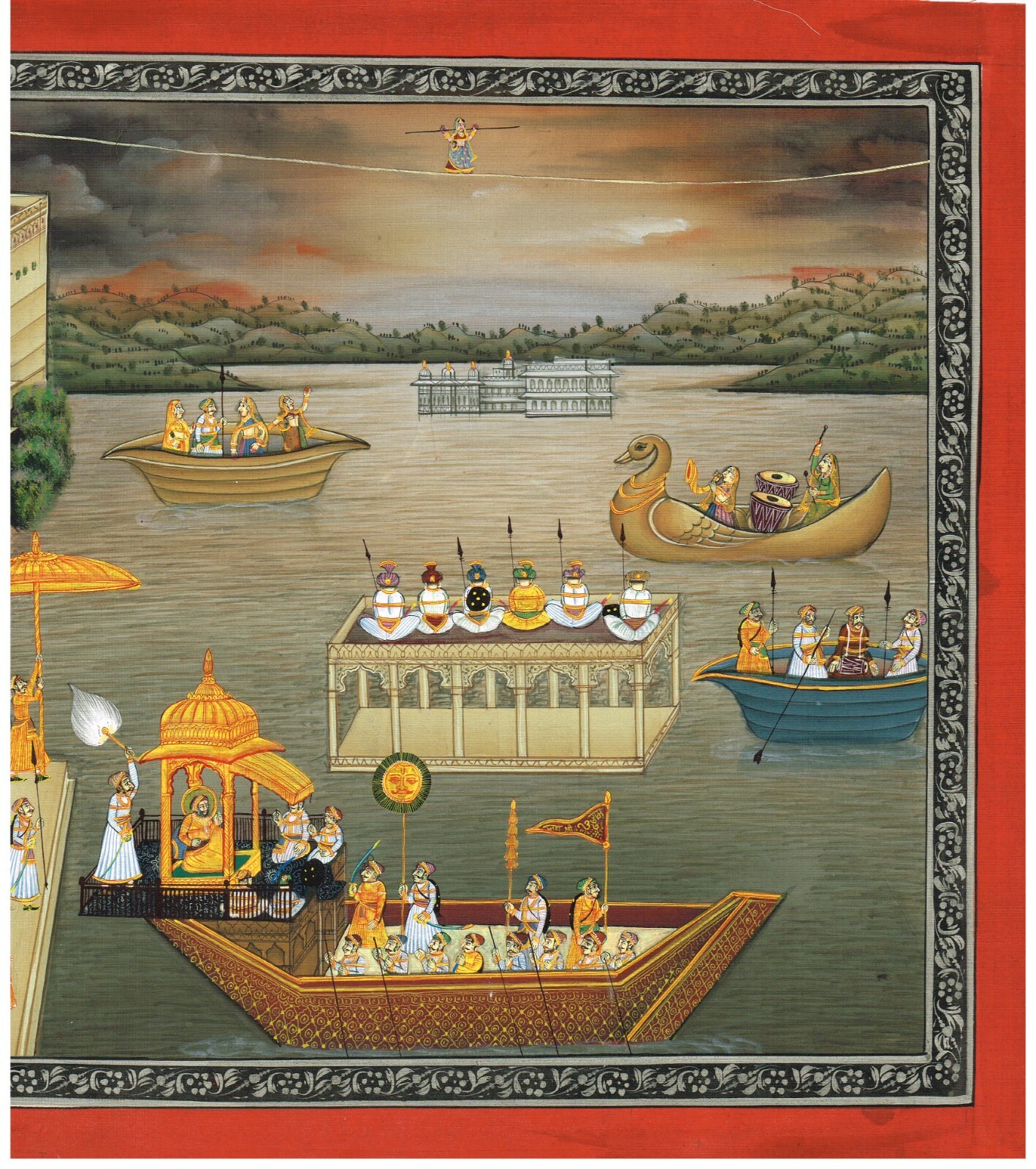 Indian Miniature Painting Of Udaipur Maharaja Enjoying in Boat 17×13.5 Inches