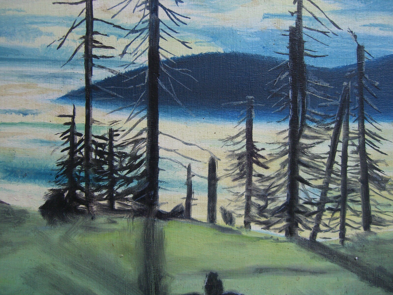 ::INSERVOUS SIGNED BURNT TREES SEA MIST VALLEY MOUNTAINS SKY ANTIQUE