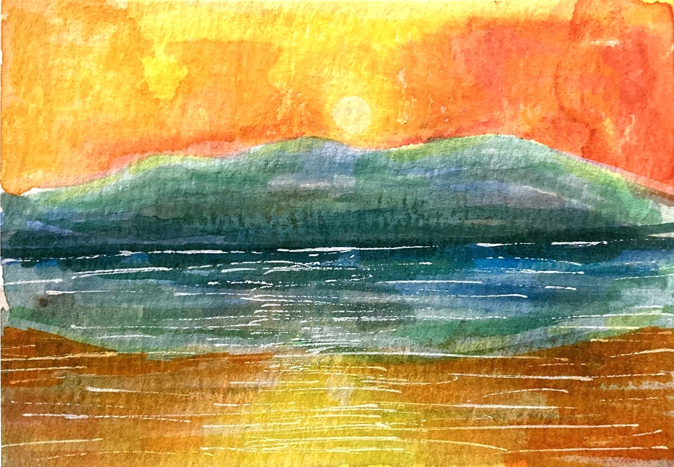 Sunset Sky Water Original ACEO Mixed Media Illustration Painting amylenore