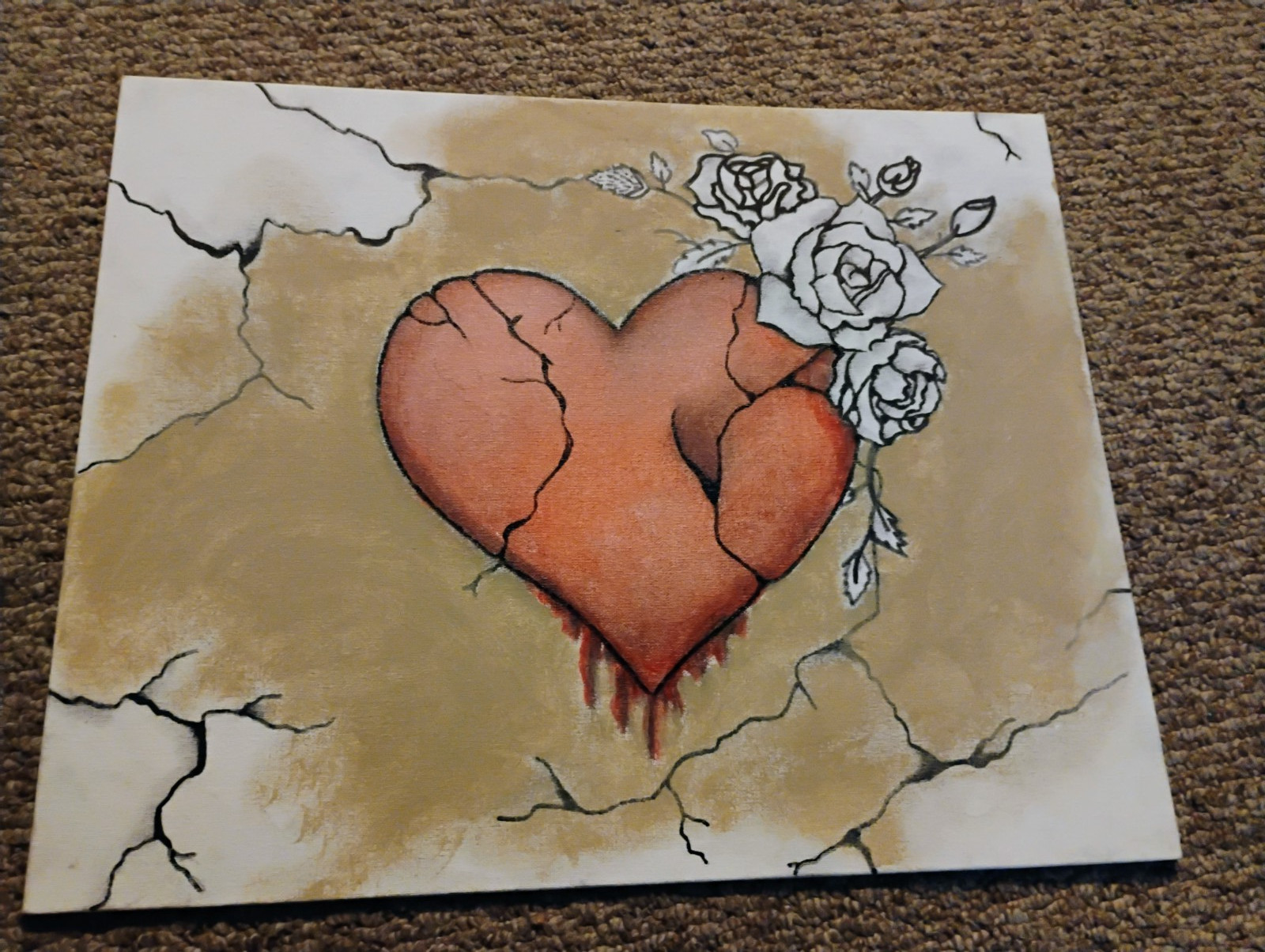 Red, brown, black, and white broken heart acrylic painting 16″x20″