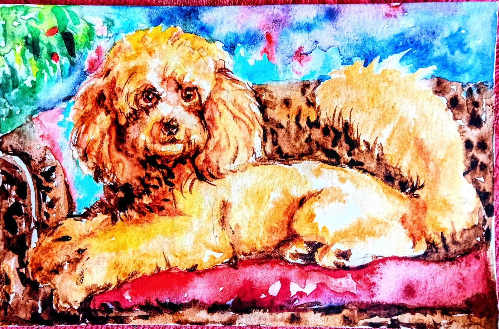 Original Peach Pink poodle dog art Signed Painting,dog lover Best gift 5×3.8″