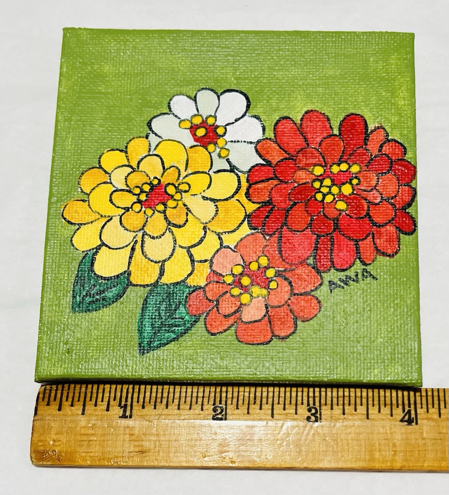 Zinnia Flower Original Miniature Acrylic Painting With Easel Signed AWA