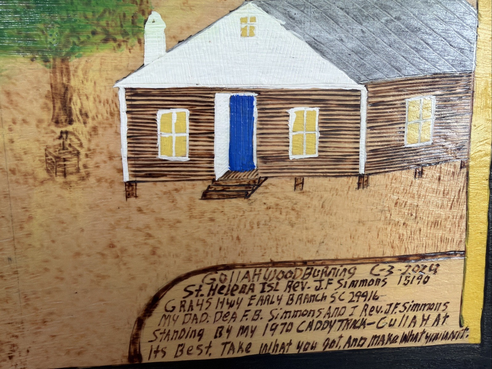 Gullah Folk Art Woodburning Painting Rev. J.F. Simmons “Cadillac Truck” Signed