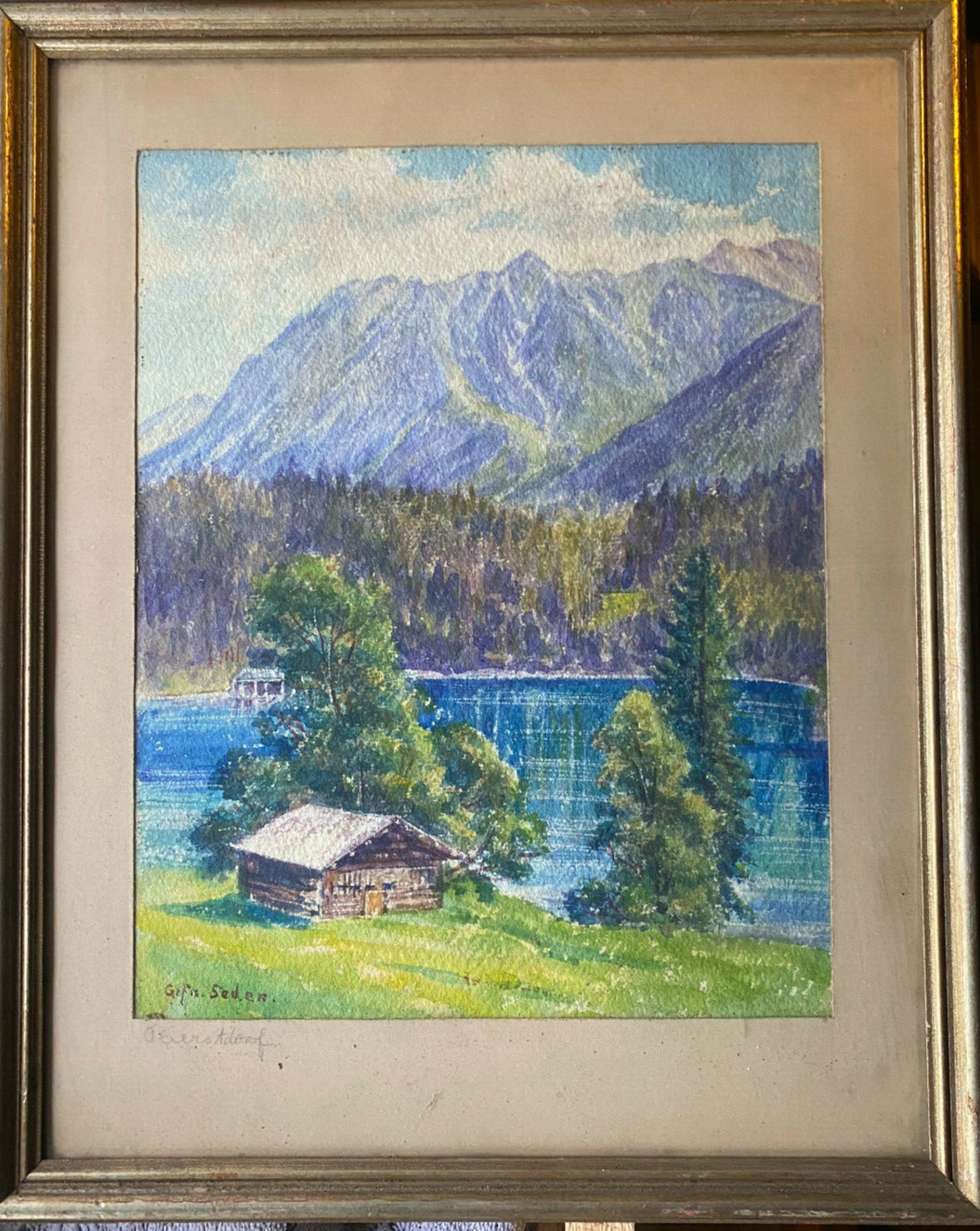 Watercolour Signed IN Country House Style Home At Lake Oberstdorf Berglandschft