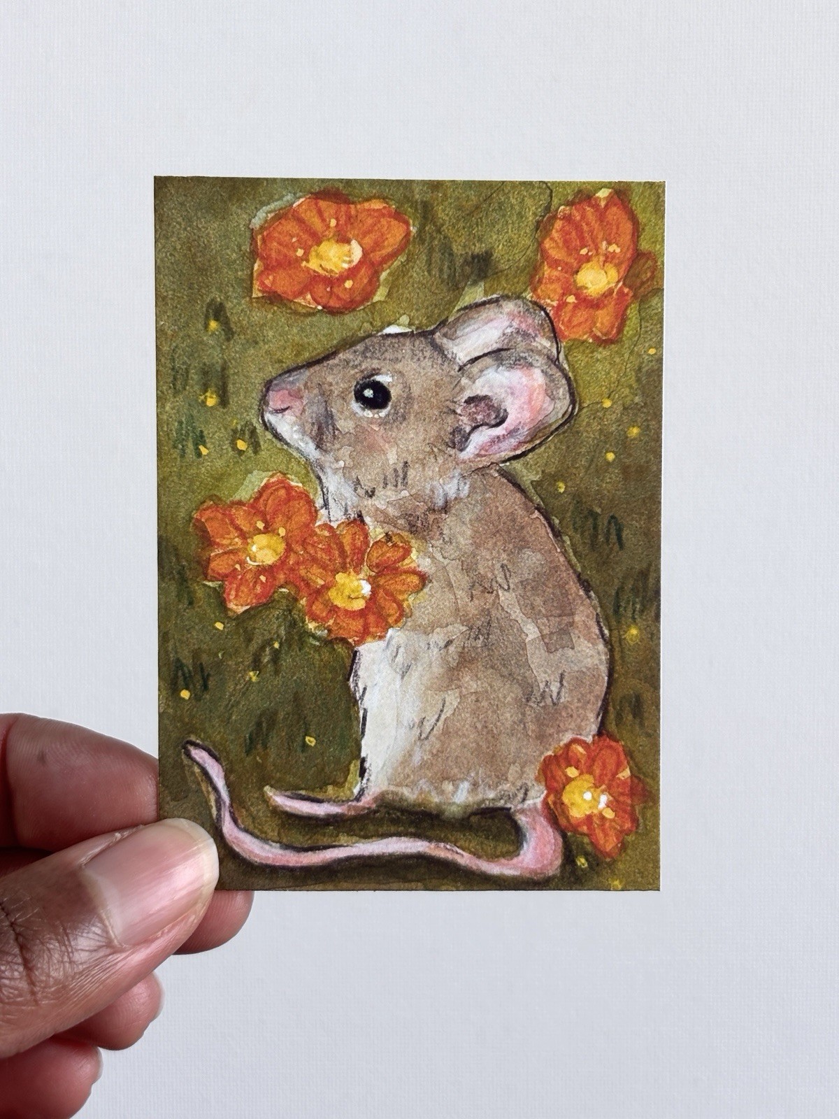 ACEO PRINT, Forest Mouse With Flowers, Mini Art Painting, Abstract
