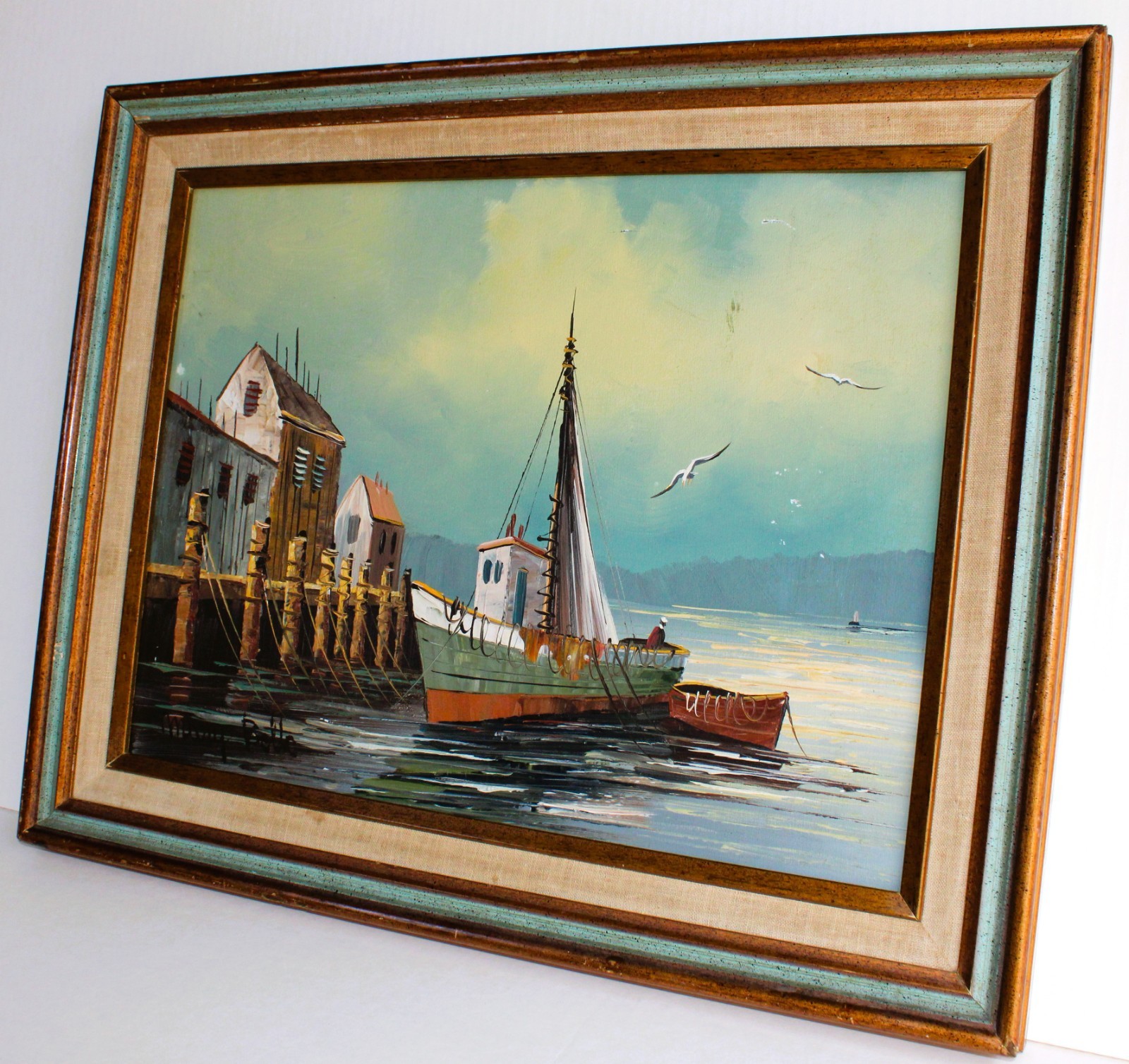 MARY BOTTO 1913-2002 VINTAGE OIL PAINTING CARDBOARD SIGNED HARBOR BOAT PORT PIER