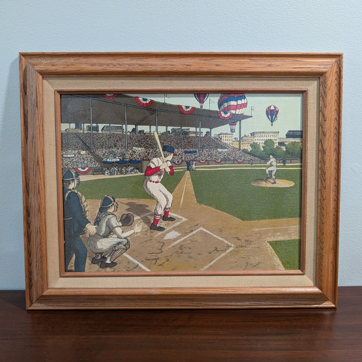 Vintage H. Hargrove Baseball Americana Stretched Canvas Painting Framed W/ COA