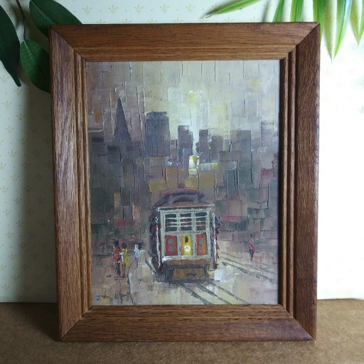 Abstract Cityscape Trolley Brown Tone Impasto Oil Painting 10×12 Framed Signed
