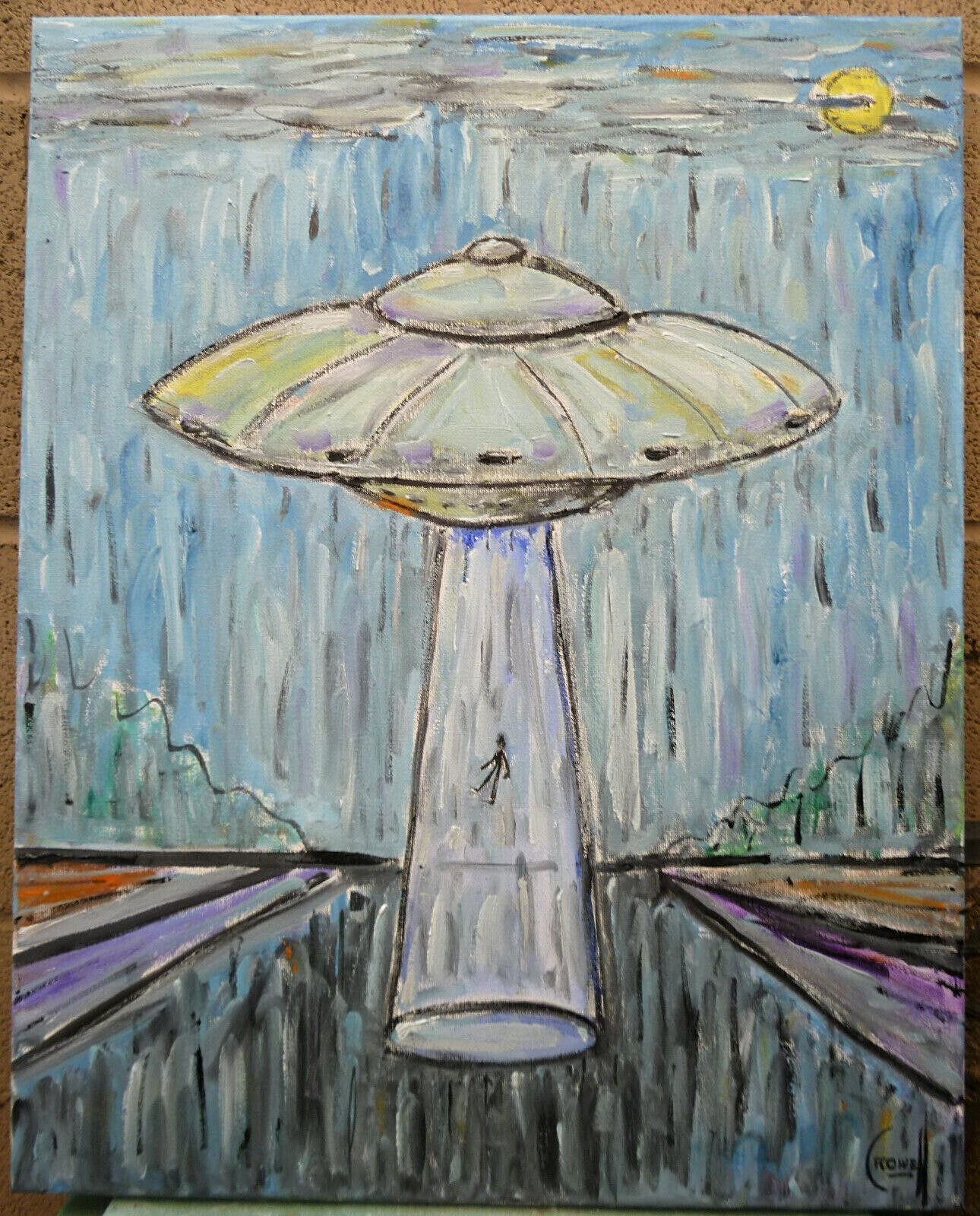 An Alien Abduction Again ET UFO 16×20 oil Painting original$ NEW signed CROWELL