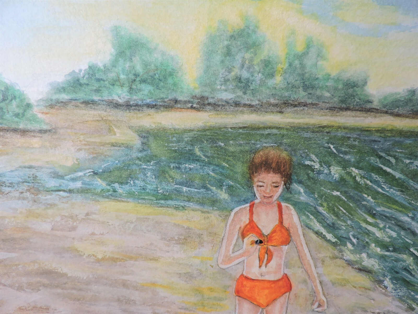 «Finding an Unusual Shell» Original Watercolor Painting Water Beach Girl