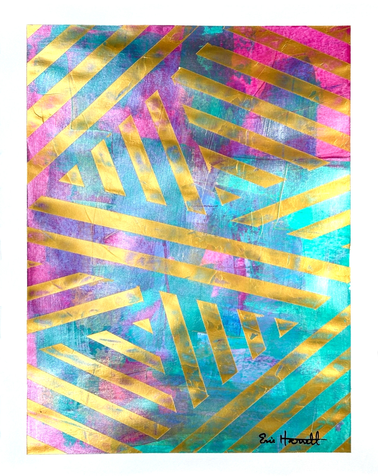 Original Gold Art 14×11 Paper Colorful Modern Abstract Expressionist Painting