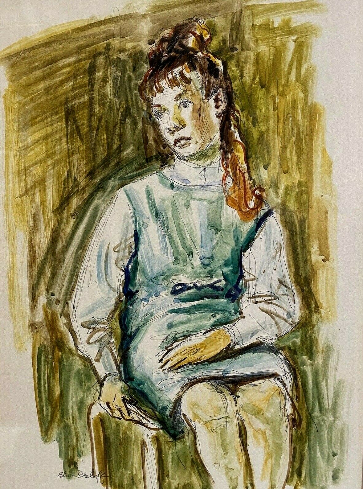 American Watercolor & Ink Portrait of a Woman Edward Staloff b.1893- d.1989