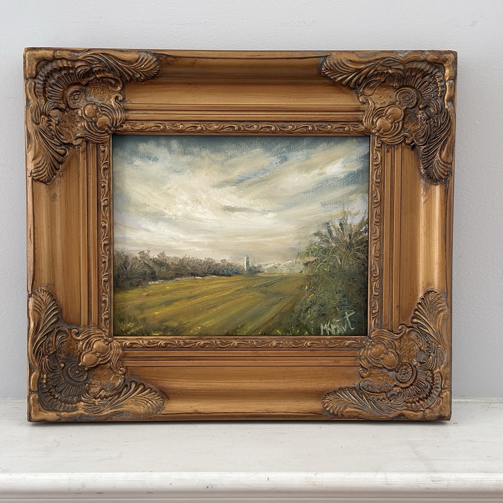 Original Rural Scene Tower Cloudy Landscape Painting Gold Antique Frame OAK Sign