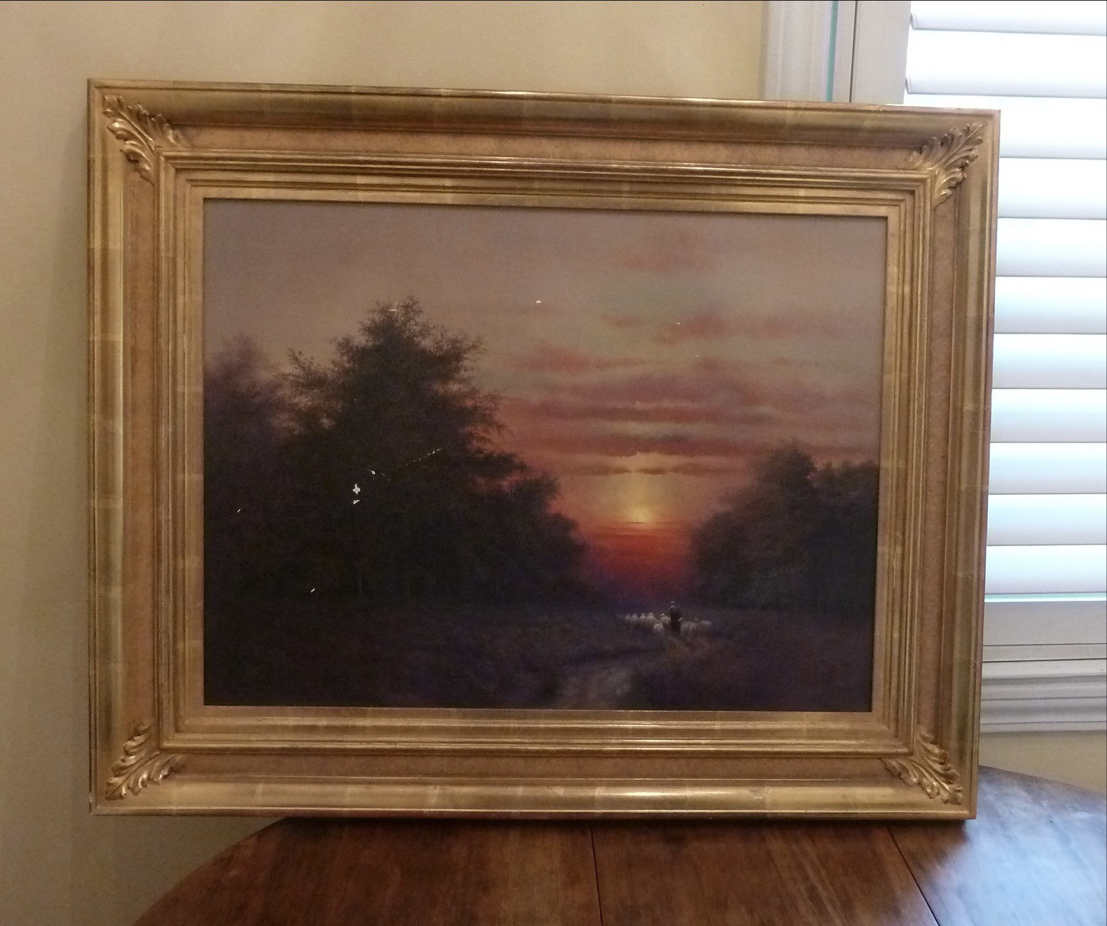 Roger Budney,Framed Oil «As The Sun Goes Down» Landscape with Sheep River 18X24″